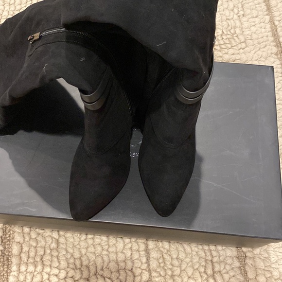 Nina Shoes Black Suede Over The Knee High Heel Boots with Faux Leather strap - Picture 6 of 10